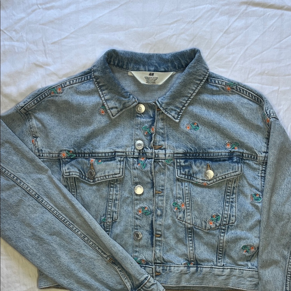 H&M Kids Light Blue Jean Jacket with Floral Embroidery